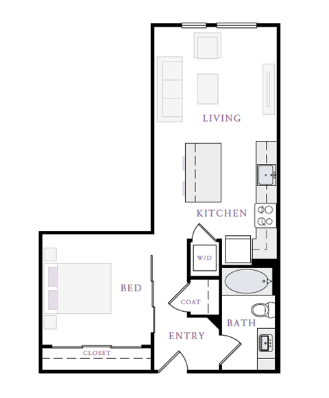 Floor plan for 1 bed, 1 bath, 665 sqft